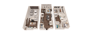 A 3D floor plan of a house showing three different rooms.