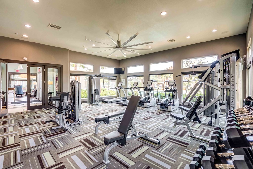 a gym with weights and cardio equipment and windows