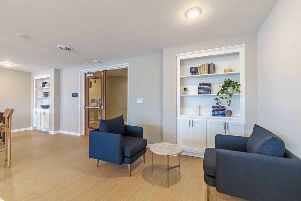A living room with a blue chair and a white shelf with plants.