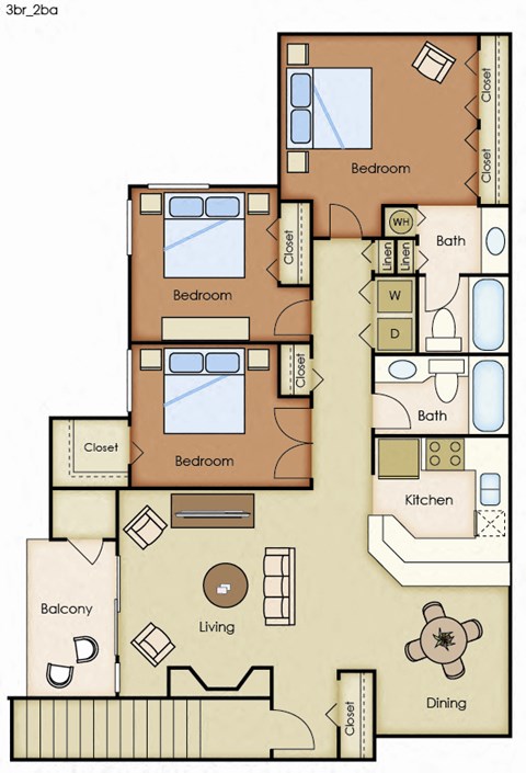 3 Bedroom, 2 Bathroom Floorplan