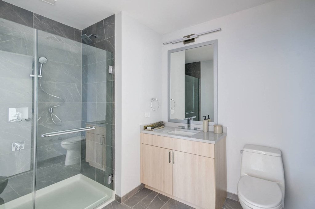 a bathroom with a shower toilet and a sink