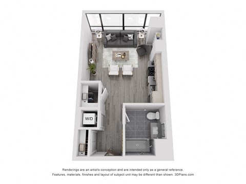 a stylized floor plan with a bedroom and a living room