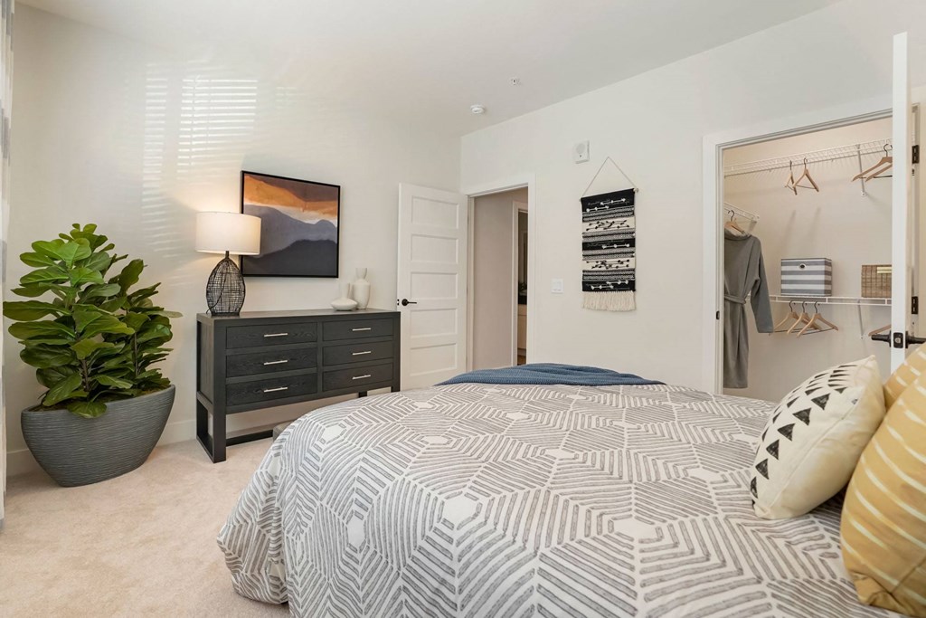 a bedroom with a bed and a closet