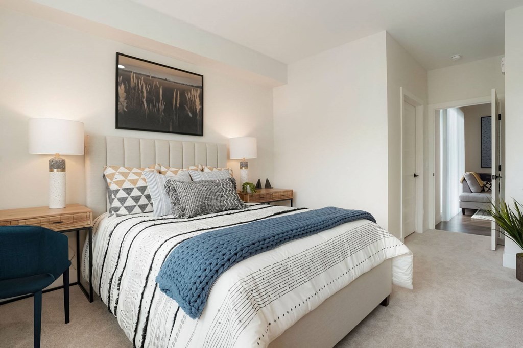 a bedroom with a bed and a closet