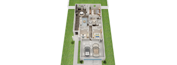 A 3D rendered image of a house with a garage.