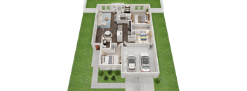 A 3D model of a house with a swimming pool and two cars.