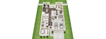 A 3D floor plan of a house with two bedrooms, two bathrooms, a living room, a kitchen, and a garage.