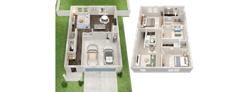 Two floor plans of a house with a garage and a living room.