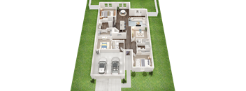 A house plan with two bedrooms, a living room, a kitchen, a bathroom, and a garage.
