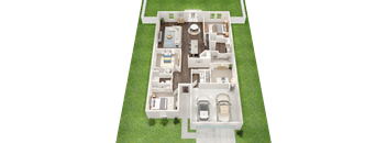 A 3D rendered image of a house layout with a garage and two cars.