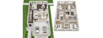 Two floor plan images of a house with a car parked in the driveway.