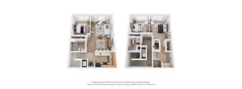 Two images of a small apartment layout with a kitchen, living room, and bedroom.