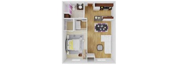 a drawing of a house with a bedroom and a living room