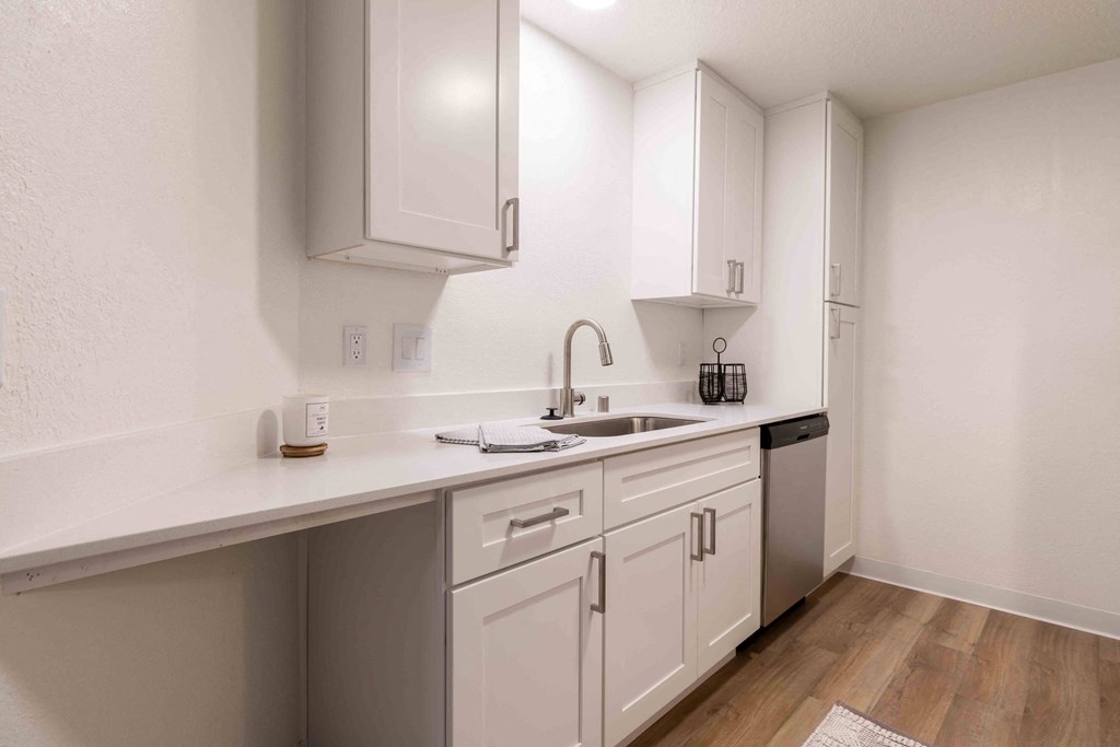 a kitchen with white cabinets and a stainless steel dishwasher