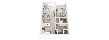 A 3D floor plan of a small apartment with a kitchen, living room, and bathroom.
