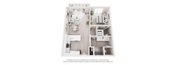 A 3D floor plan of a small apartment with a kitchen, living room, and bathroom.