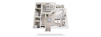 A white floor plan of a house with a kitchen, living room, and bedrooms.