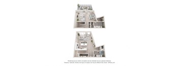 A 3D floor plan of a two-story residential building.