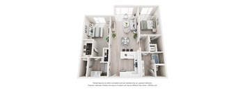 A 3D floor plan of a small apartment with a kitchen, living room, and two bedrooms.