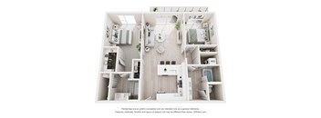 A 3D floor plan of a small apartment with a kitchen, living room, and bathroom.