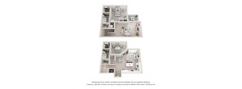 Two images of a house layout with a kitchen, living room, and bathroom.