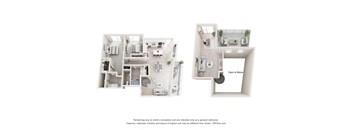 A 3D floor plan of a house with a kitchen, living room, and bedrooms.