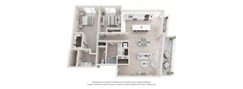 A 3D floor plan of a house with a kitchen, living room, and bathroom.