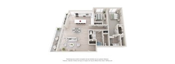 A 3D floor plan of a house with a kitchen, living room, and bedrooms.