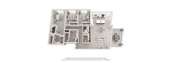 A 3D floor plan of a house with a kitchen, living room, and two bedrooms.