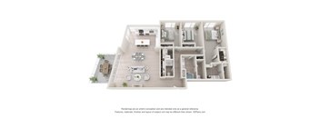 A 3D floor plan of a house with a kitchen, living room, dining room, and bathrooms.