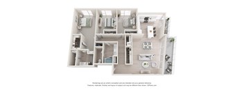 A 3D floor plan of a house with a kitchen, living room, and bedrooms.