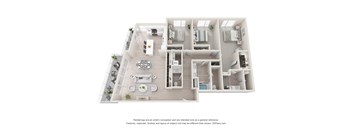 A 3D floor plan of a house with a kitchen, living room, and bedrooms.