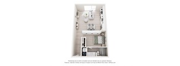 A 3D floor plan of a small apartment with a kitchen, living room, and bathroom.