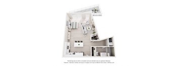 A 3D floor plan of a house with a kitchen, living room, and bathroom.