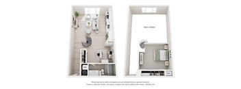 A 3D floor plan of a small apartment with a kitchen, living room, and bathroom.