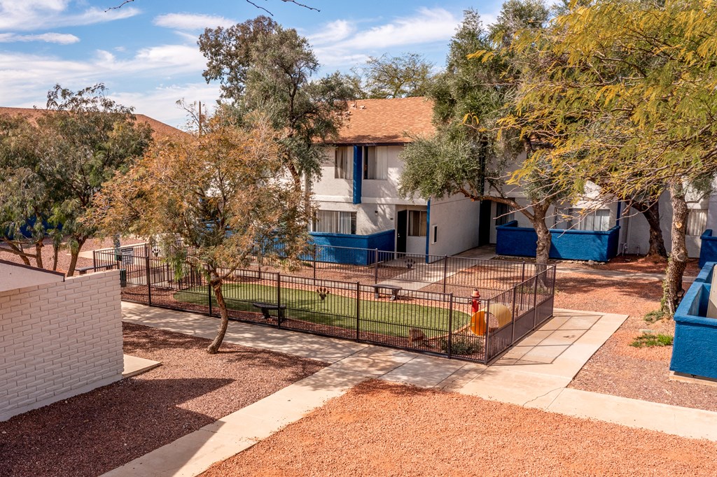 Fenced-in leash-free bark park with agility features at Midtown on Seneca, a pet-friendly apartment community near East Central Tucson, Tucson, AZ.