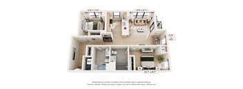 A floor plan of a two-bedroom apartment with a living room, kitchen, and bathroom.