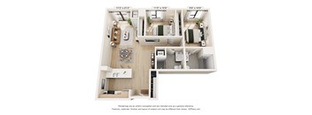 A 3D floor plan of a house with a kitchen, living room, and bathroom.