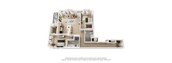 A 3D floor plan of a house with a kitchen, living room, and two bedrooms.