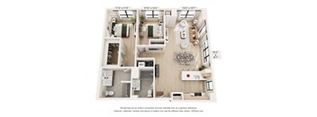 A 3D floor plan of a small apartment with a kitchen, living room, and bathroom.