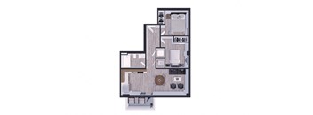Pet-Friendly Apartments In Miami Beach, FL – The Anamar at Collins Park – 3D Floorplan of our 2 Bedroom, 1 Bathroom 695 Sq. Ft. Apartment