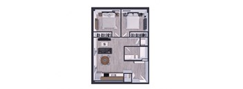 Pet-Friendly Apartments In Miami Beach, FL – The Anamar at Collins Park – 3D Floorplan of our 2 Bedroom 1 Bathroom 787-804 Sq. Ft. Apartment