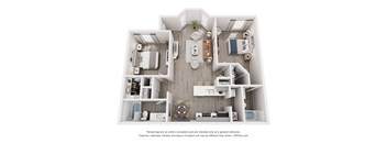 A 3D floor plan of a house with a kitchen, living room, and bathroom.