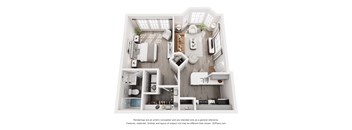 A 3D floor plan of a house with a kitchen, living room, and bathroom.