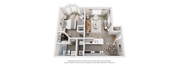 A 3D floor plan of a house with a kitchen, living room, and two bedrooms.