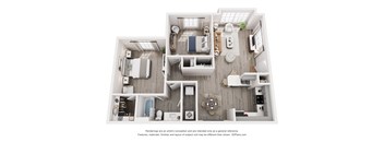 A 3D floor plan of a house with a kitchen, living room, and bedrooms.