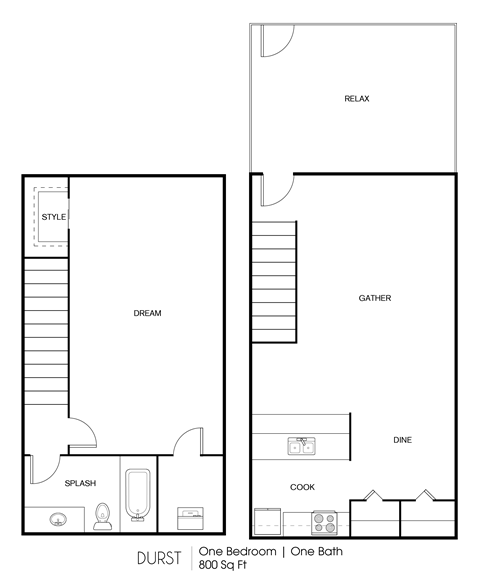 1BR/BA 800 sq. ft.