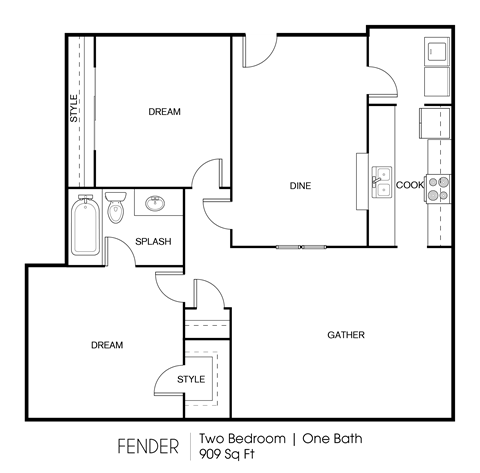 2BR/1BA 909 sq. ft.
