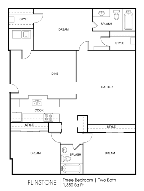 3BR/2BA 1,350 sq. ft