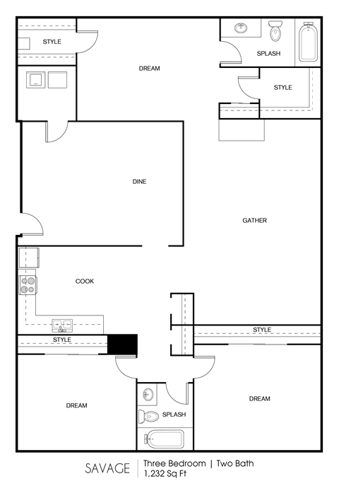 3BR/2BA 1,232 sq. ft.
